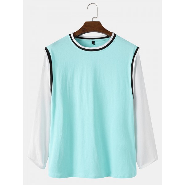Mens Cotton Splicing Faux Two Pieces  Full Sleeve T-Shirt 