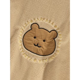 Mens Plaid Bear Letter Embroidered Lapel Reversible Fleece Casual Jacket