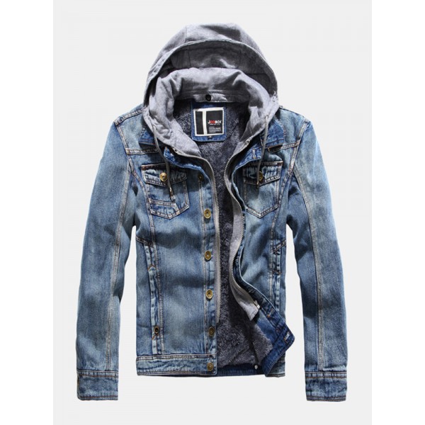 Mens Cotton Washed Warm Fleece Lined Hooded Denim Jacket 