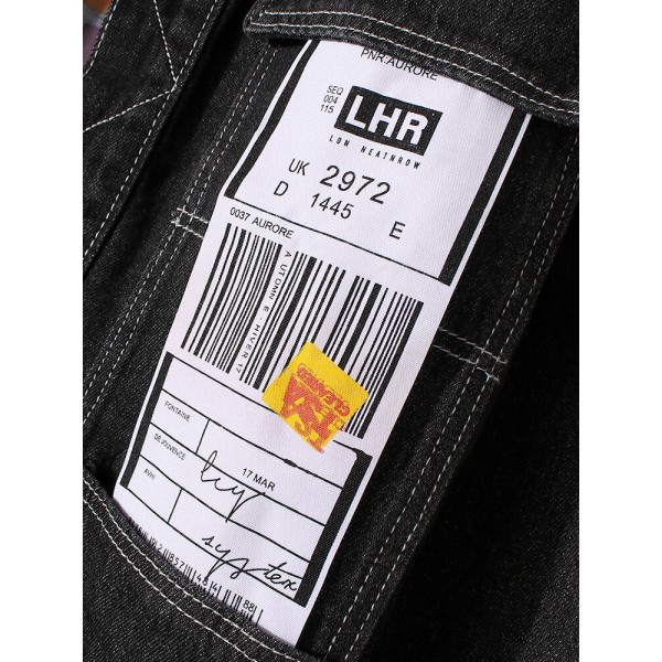 Mens Label Pattern Patchwork Lapel Long Sleeve Black Denim Jacket 