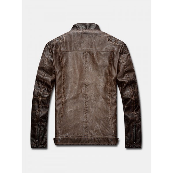 Mens Multi Pocket Zipper Long Sleeve Vintage Washed PU Leather Jacket 