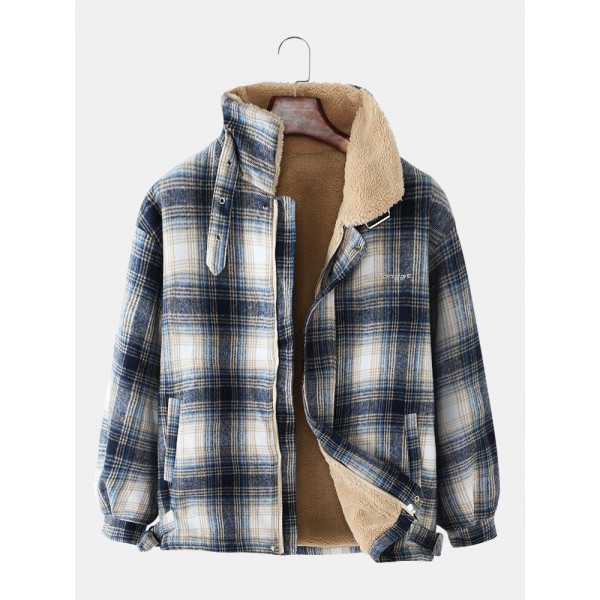 Mens Plaid Warm Fleece Lined Thicken Pocket Long Sleeve Jacket 