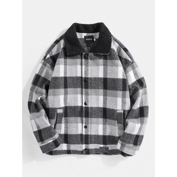 Mens Vintage Plaid Lapel Warm Long Sleeve Woolen Cloth Jacket With Pocket 