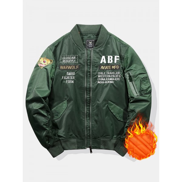 Mens Letter Pattern Baseball Collar Multi Pocket Waterproof Zipper Bomber Jacket 