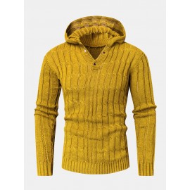 Mens Cable Solid Color Long Sleeve Warm Knitting Hooded Sweaters
