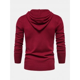 Mens Warm Simple Solid Color Knitted Hooded Sweaters With Pocket