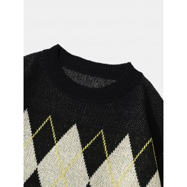 Men Knitted Lattice Long Sleeve Casual Round Neck Loose Sweaters