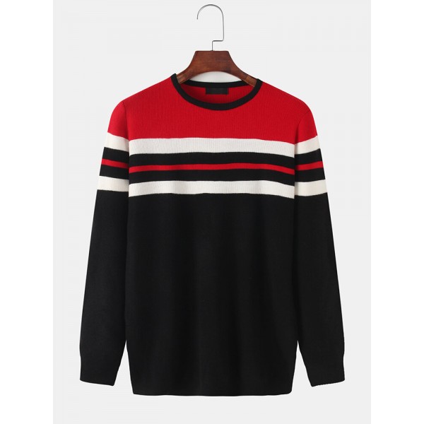 Mens Horizontal Stripe Knit Round Neck Casual Long Sleeve Pullover Sweaters 