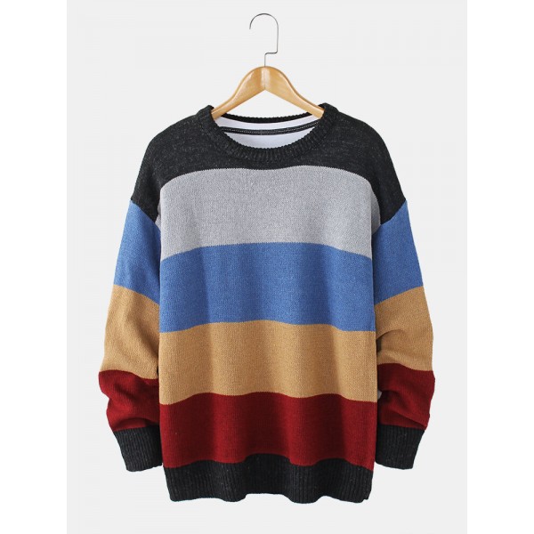 Mens Striped Knitting Round Neck Long Sleeve Warm Sweaters 