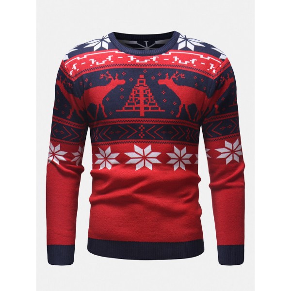 Mens Christmas Pattern Crew Neck Regular Fit Casual Knitted Sweater 