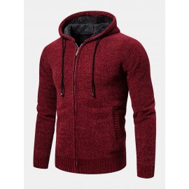 Mens Knitted Zipper Front Solid Color Warm Long Sleeve Hooded Sweater Hoodie Jacket